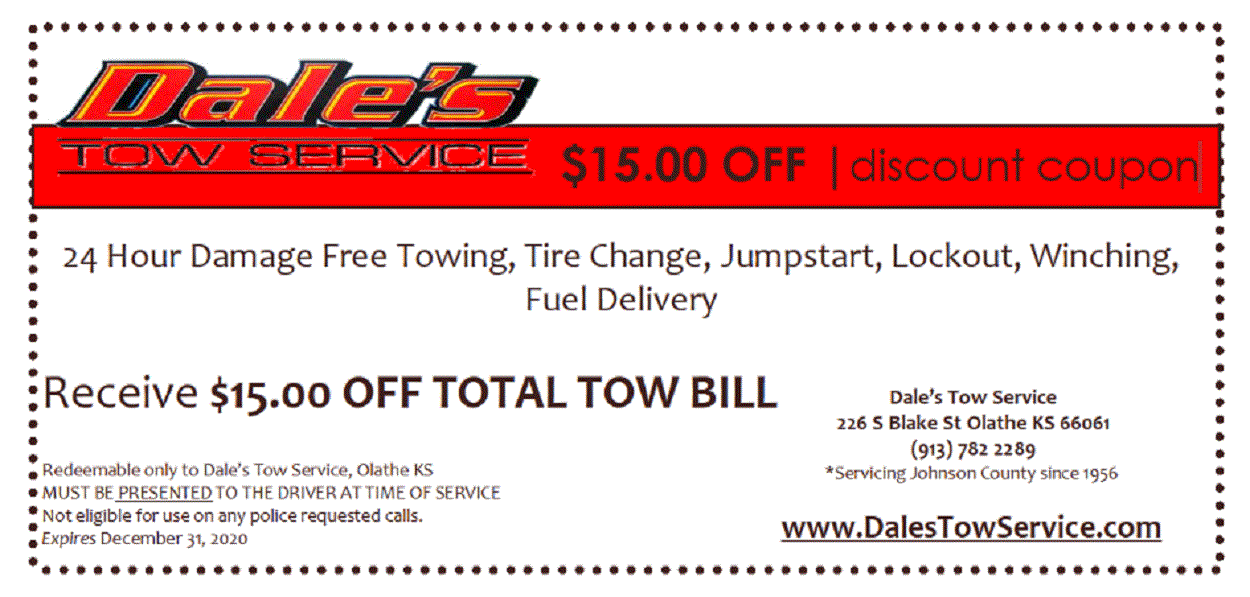 $15 off coupon for Dale's Tow Service